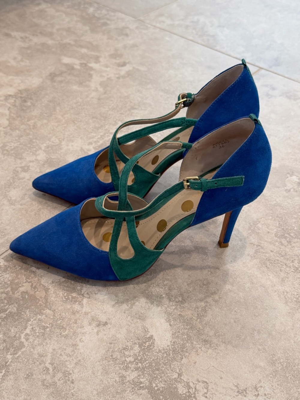 Boden Blue and Green Suede Pointed-Strap Heels - Picture 3 of 5